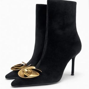Zara Leather Ankle Boots with Gold Flower